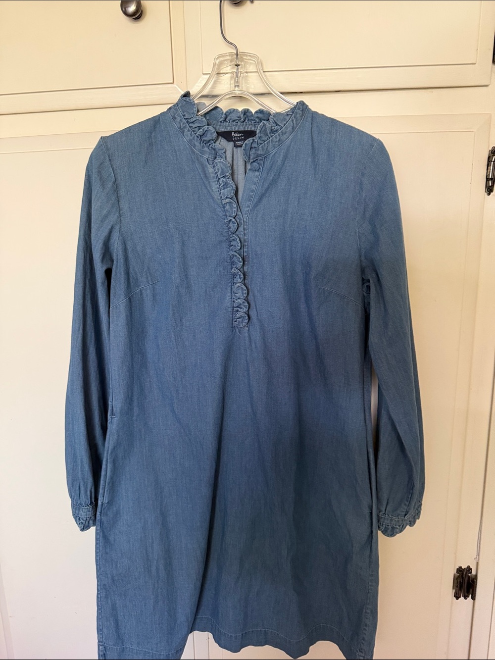 Boden Chambray Ruffle-Trim Long Sleeve Dress - Blue